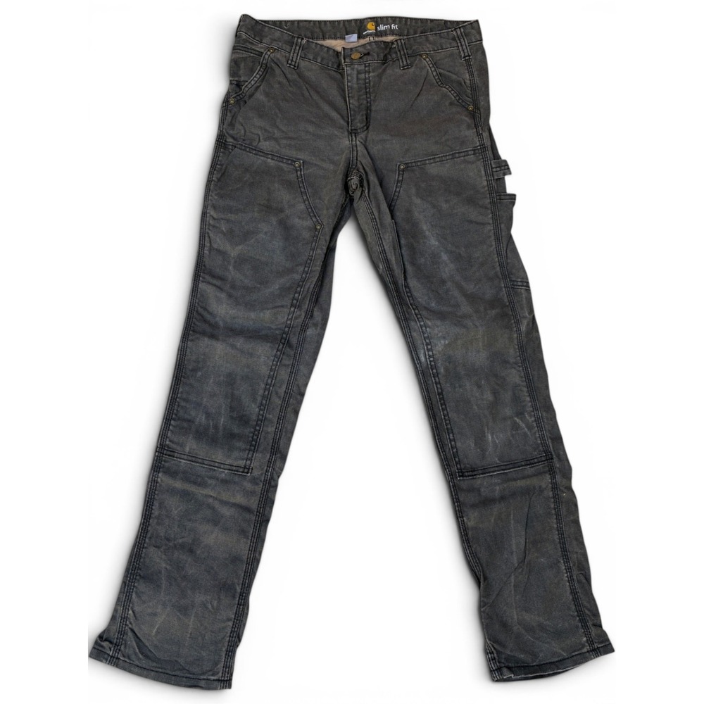 Carhartt Slim Fit Double Front Work Pants Distressed Charcoal Grey Utility 6 Reg